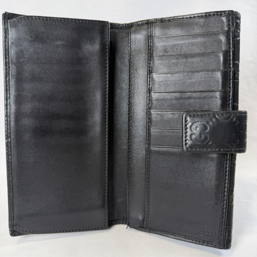 Gucci Guccissima Continental Wallet Womens OS Black Leather Bifold Gold Plate